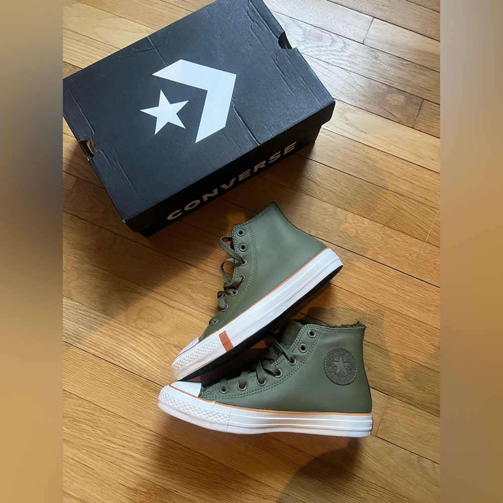 leather high top Sherpa lined converse sneakers army green limited edition NIB